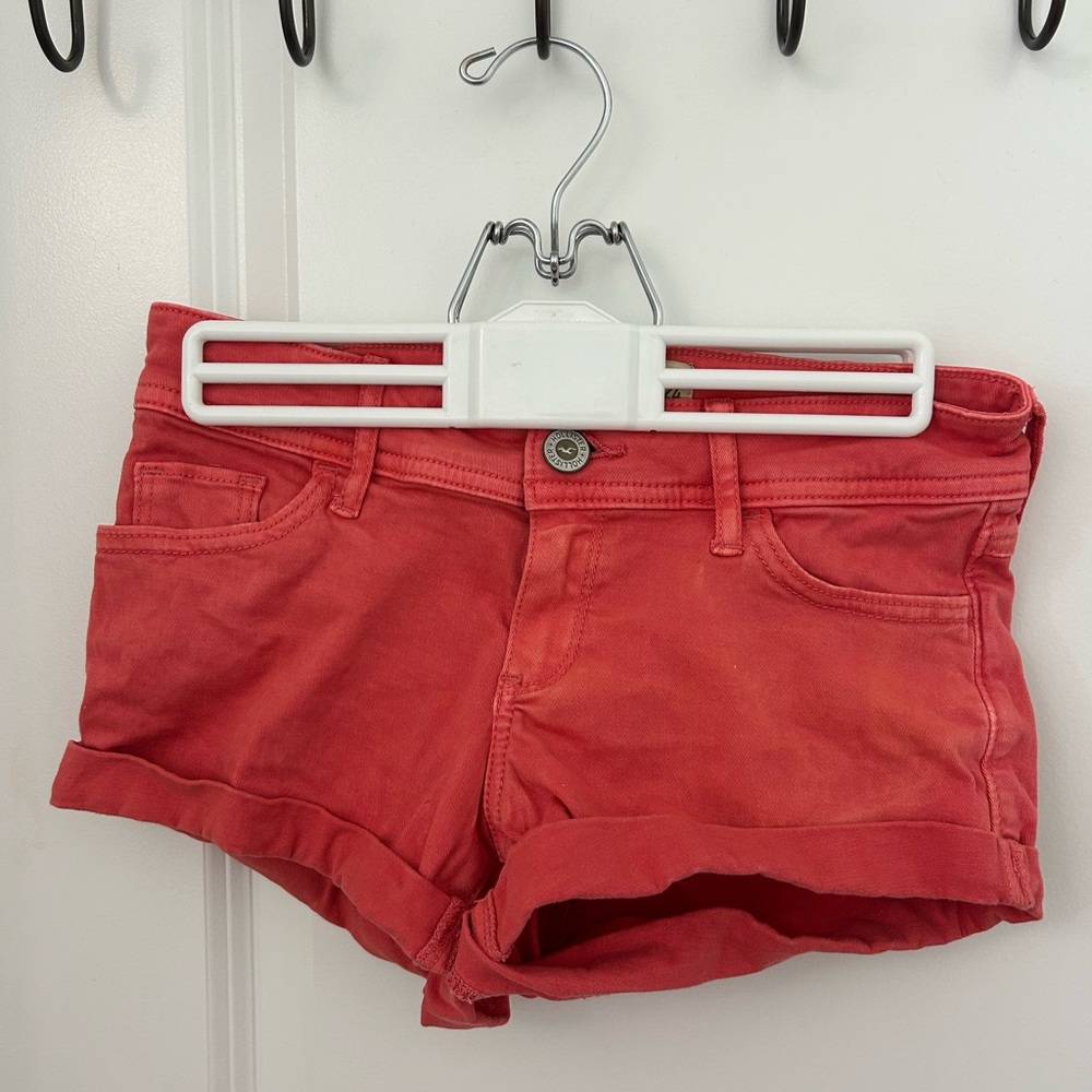 Hollister Women's Coral Red Roll-Cuff Denim Shorts